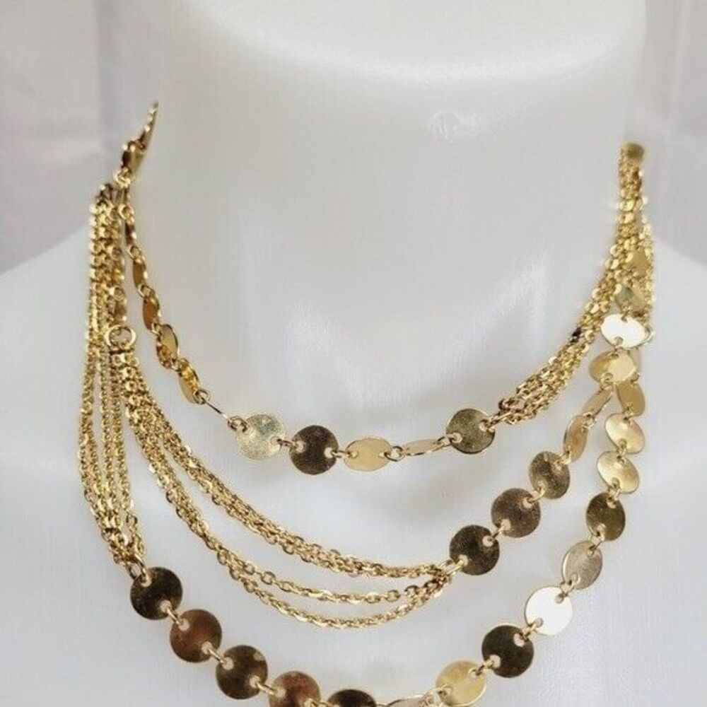 *   50" long gold tone necklace circle  multi strand detail mid century modern
